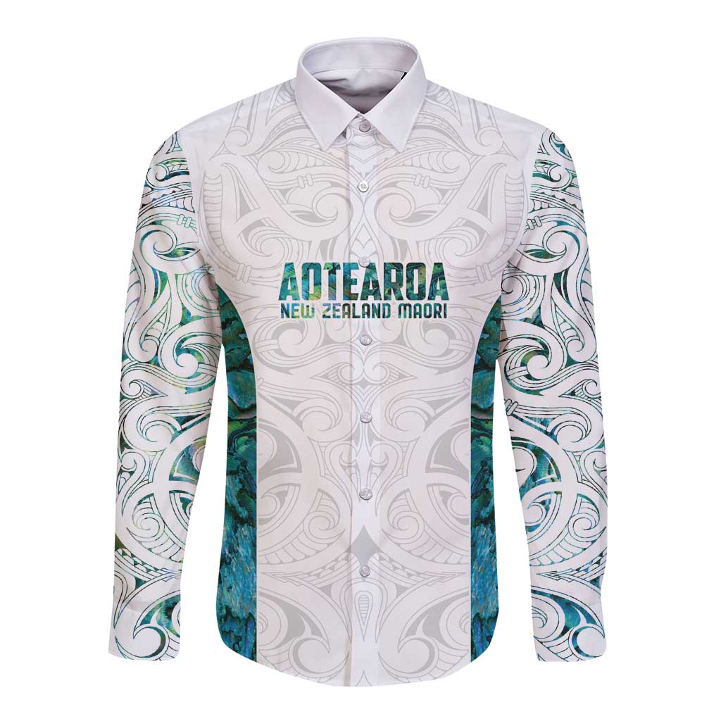 Custom New Zealand Aotearoa Long Sleeve Button Shirt Green Maori Paua Shell Indigenous LT9 Unisex Green - Polynesian Pride