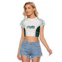 Custom New Zealand Aotearoa Raglan Cropped T Shirt Green Maori Paua Shell Indigenous LT9 Female Green - Polynesian Pride