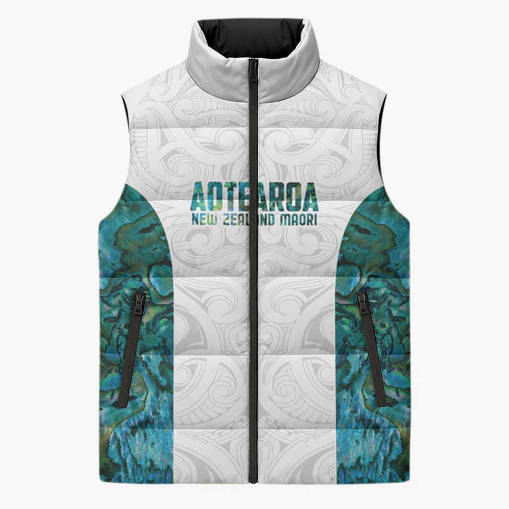 Custom New Zealand Aotearoa Sleeveless Puffer Jacket Green Maori Paua Shell Indigenous LT9 Unisex Green - Polynesian Pride