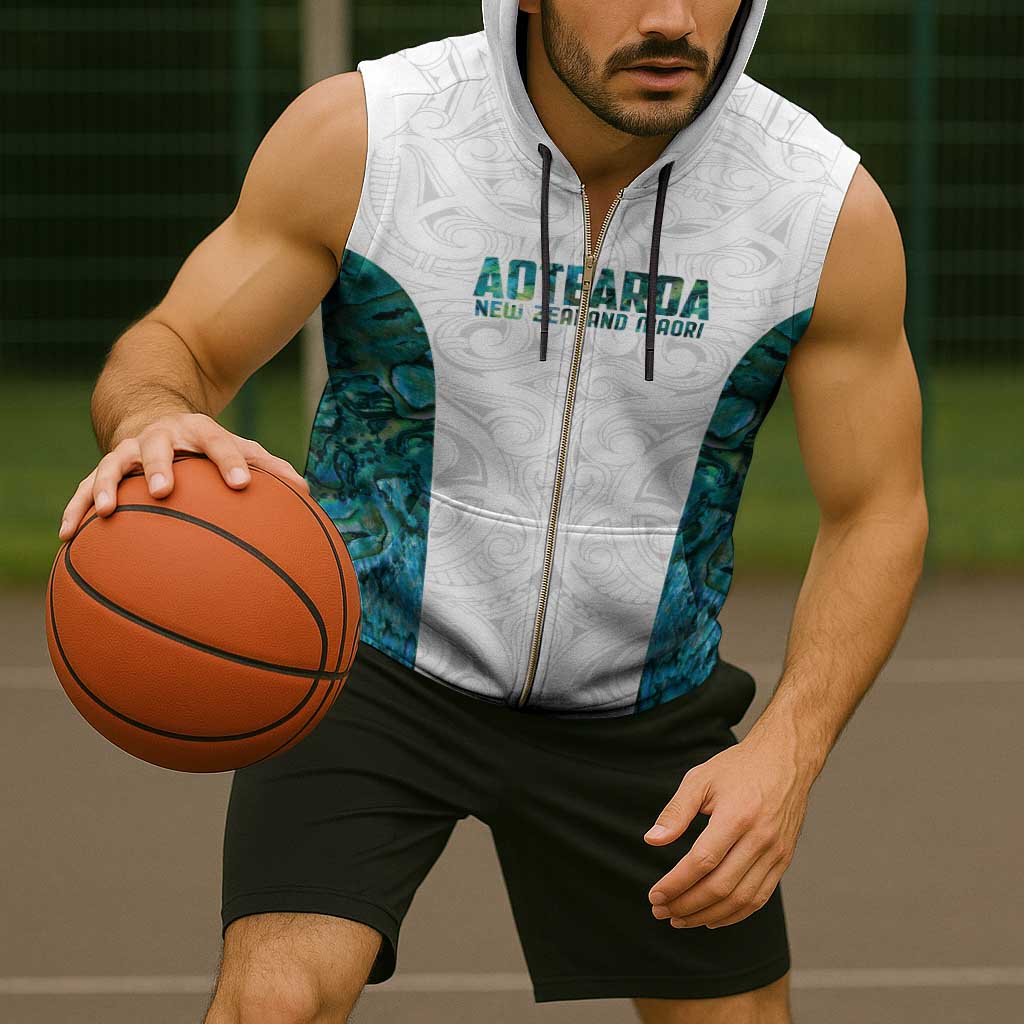 Custom New Zealand Aotearoa Sleeveless Zip Hoodie Green Maori Paua Shell Indigenous - Polynesian Pride
