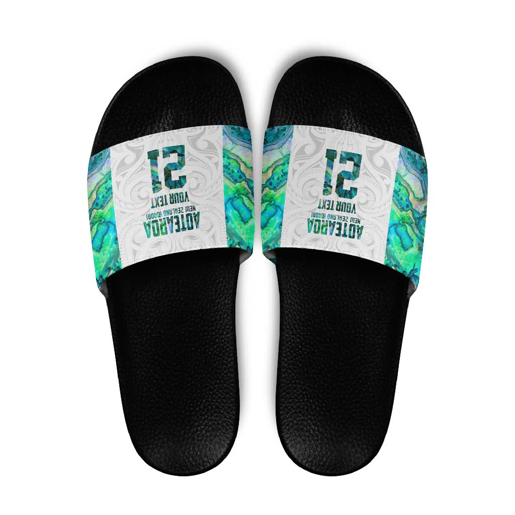 Custom New Zealand Aotearoa Slide Sandals Green Maori Paua Shell Indigenous - Polynesian Pride
