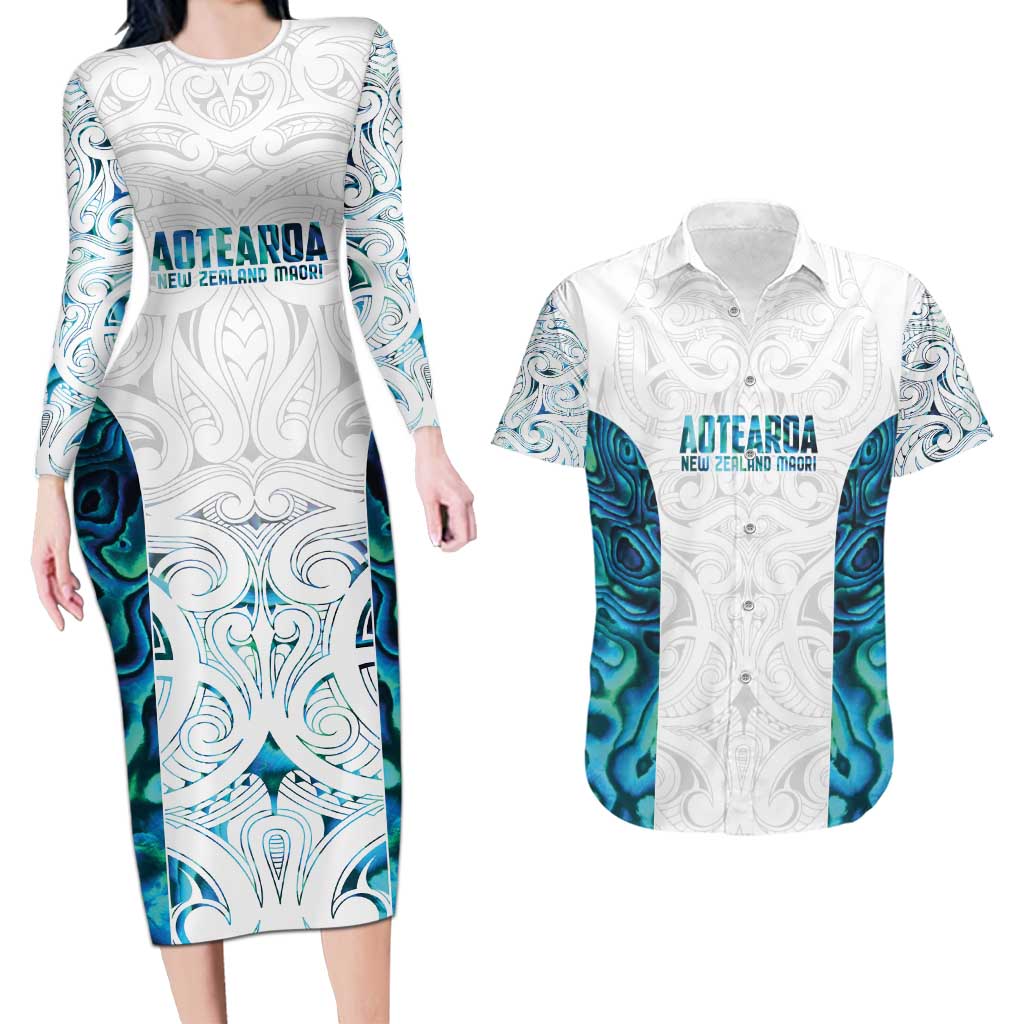 Custom New Zealand Aotearoa Couples Matching Long Sleeve Bodycon Dress and Hawaiian Shirt Maori Paua Shell Indigenous - Polynesian Pride