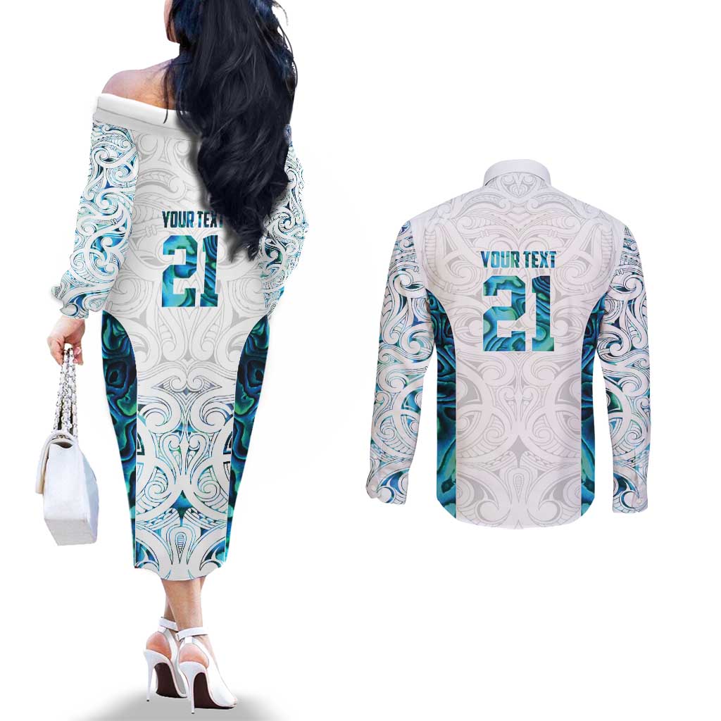Custom New Zealand Aotearoa Couples Matching Off The Shoulder Long Sleeve Dress and Long Sleeve Button Shirt Maori Paua Shell Indigenous - Polynesian Pride
