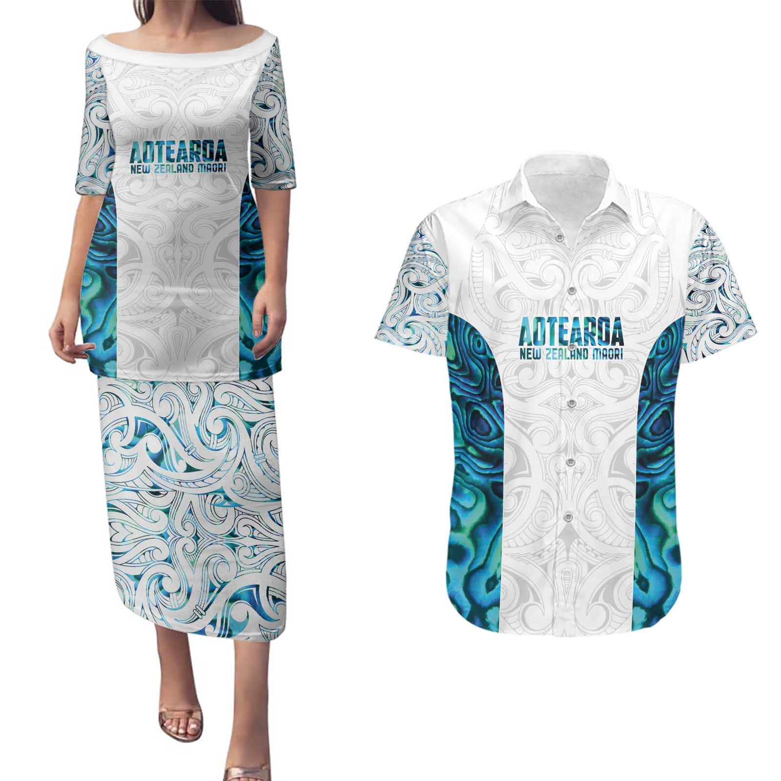 Custom New Zealand Aotearoa Couples Matching Puletasi and Hawaiian Shirt Maori Paua Shell Indigenous LT9 Blue - Polynesian Pride