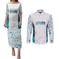 Custom New Zealand Aotearoa Couples Matching Puletasi and Long Sleeve Button Shirt Maori Paua Shell Indigenous LT9 Blue - Polynesian Pride