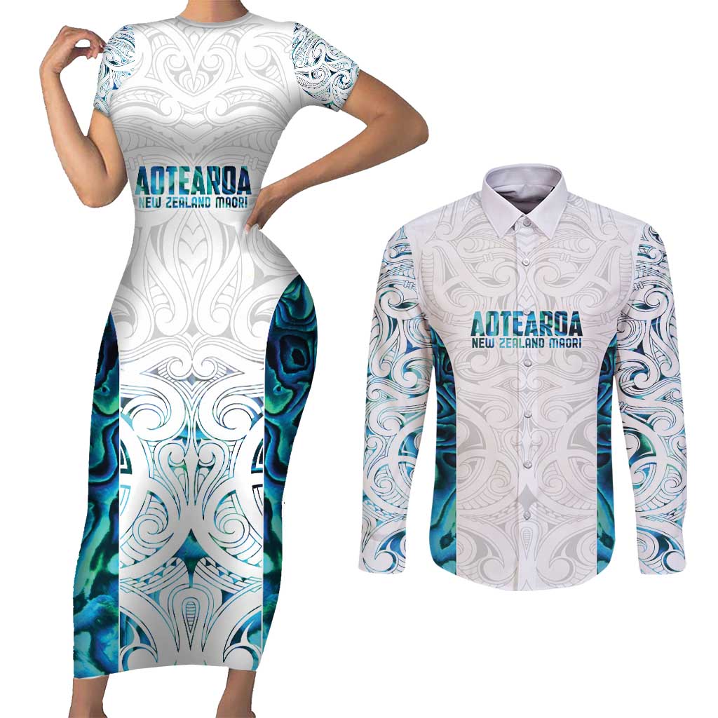 Custom New Zealand Aotearoa Couples Matching Short Sleeve Bodycon Dress and Long Sleeve Button Shirt Maori Paua Shell Indigenous LT9 Blue - Polynesian Pride