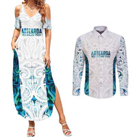 Custom New Zealand Aotearoa Couples Matching Summer Maxi Dress and Long Sleeve Button Shirt Maori Paua Shell Indigenous LT9 Blue - Polynesian Pride