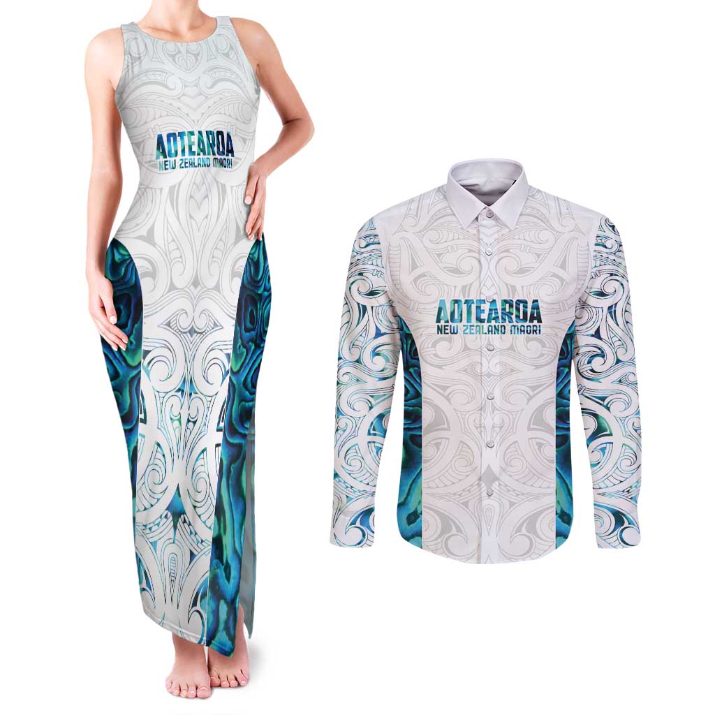Custom New Zealand Aotearoa Couples Matching Tank Maxi Dress and Long Sleeve Button Shirt Maori Paua Shell Indigenous LT9 Blue - Polynesian Pride