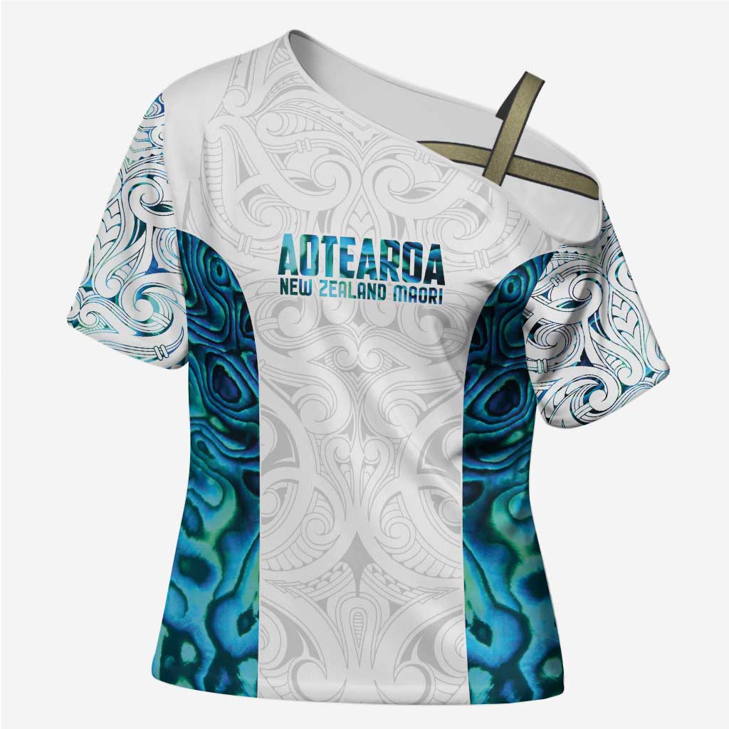 Custom New Zealand Aotearoa Cross Shoulder Shirt Maori Paua Shell Indigenous LT9 Female Blue - Polynesian Pride
