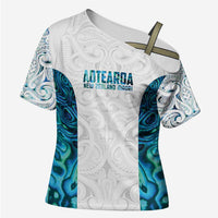 Custom New Zealand Aotearoa Cross Shoulder Shirt Maori Paua Shell Indigenous LT9 Female Blue - Polynesian Pride