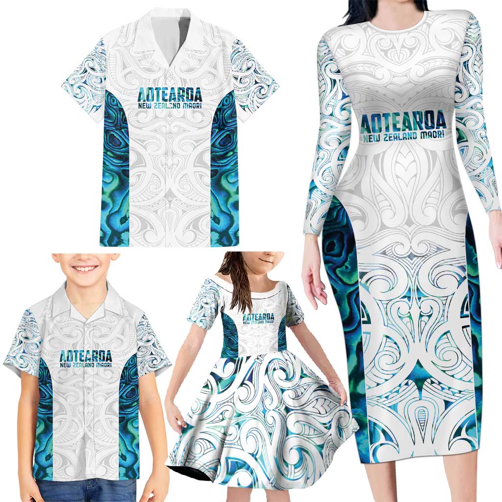 Custom New Zealand Aotearoa Family Matching Long Sleeve Bodycon Dress and Hawaiian Shirt Maori Paua Shell Indigenous - Polynesian Pride