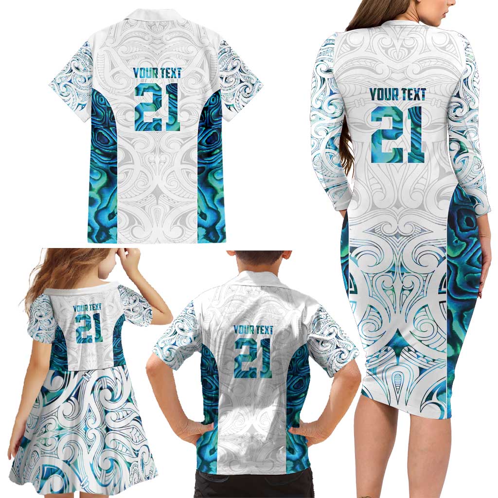 Custom New Zealand Aotearoa Family Matching Long Sleeve Bodycon Dress and Hawaiian Shirt Maori Paua Shell Indigenous - Polynesian Pride