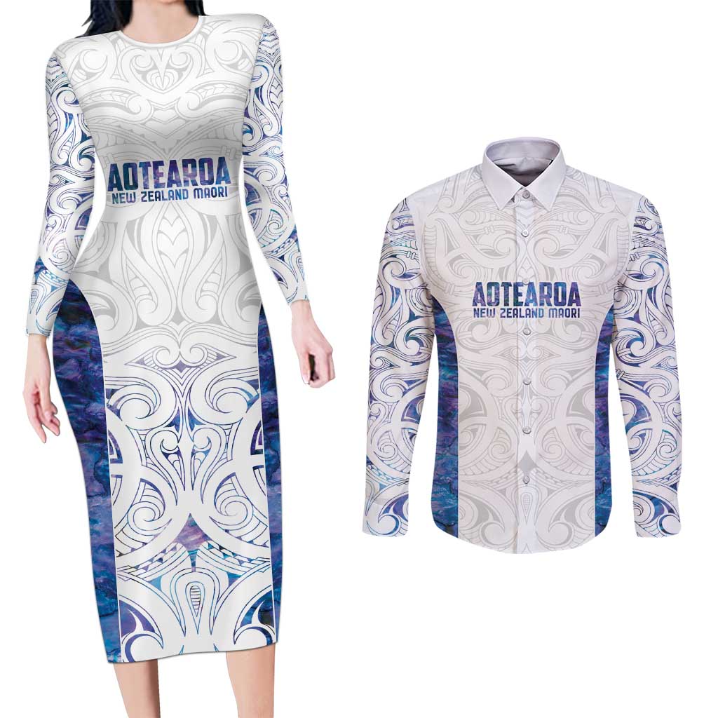 Custom New Zealand Aotearoa Couples Matching Long Sleeve Bodycon Dress and Long Sleeve Button Shirt Purple Maori Paua Shell Indigenous LT9 Purple - Polynesian Pride