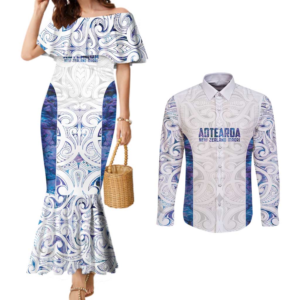 Custom New Zealand Aotearoa Couples Matching Mermaid Dress and Long Sleeve Button Shirt Purple Maori Paua Shell Indigenous LT9 Purple - Polynesian Pride