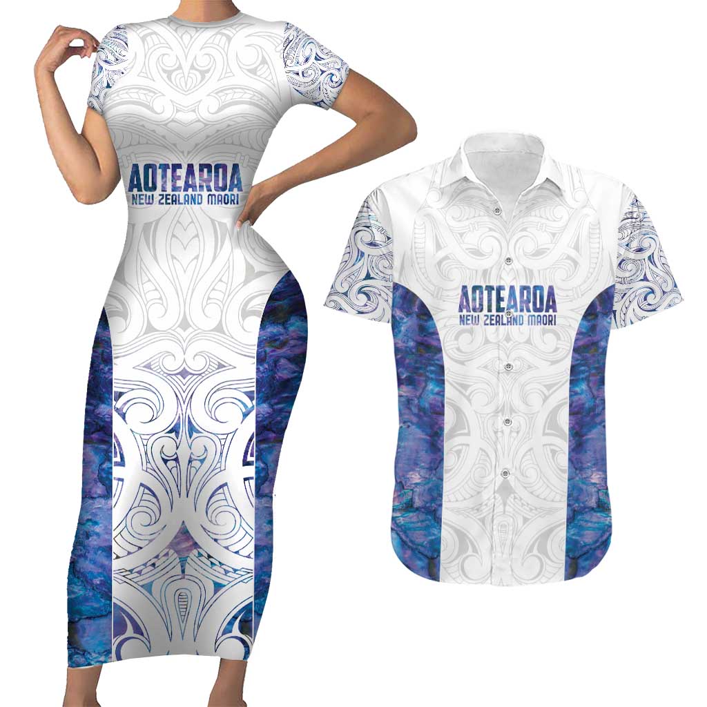 Custom New Zealand Aotearoa Couples Matching Short Sleeve Bodycon Dress and Hawaiian Shirt Purple Maori Paua Shell Indigenous - Polynesian Pride