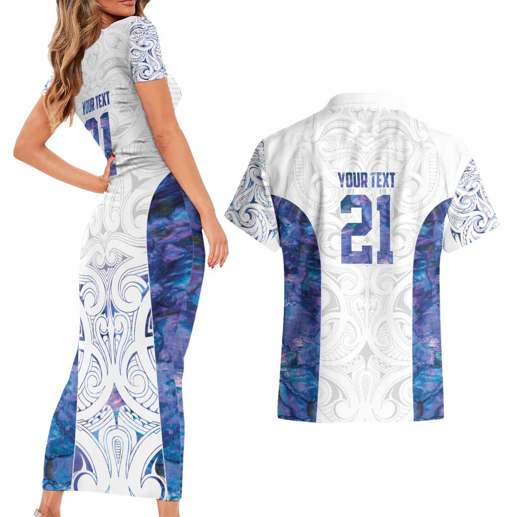 Custom New Zealand Aotearoa Couples Matching Short Sleeve Bodycon Dress and Hawaiian Shirt Purple Maori Paua Shell Indigenous - Polynesian Pride