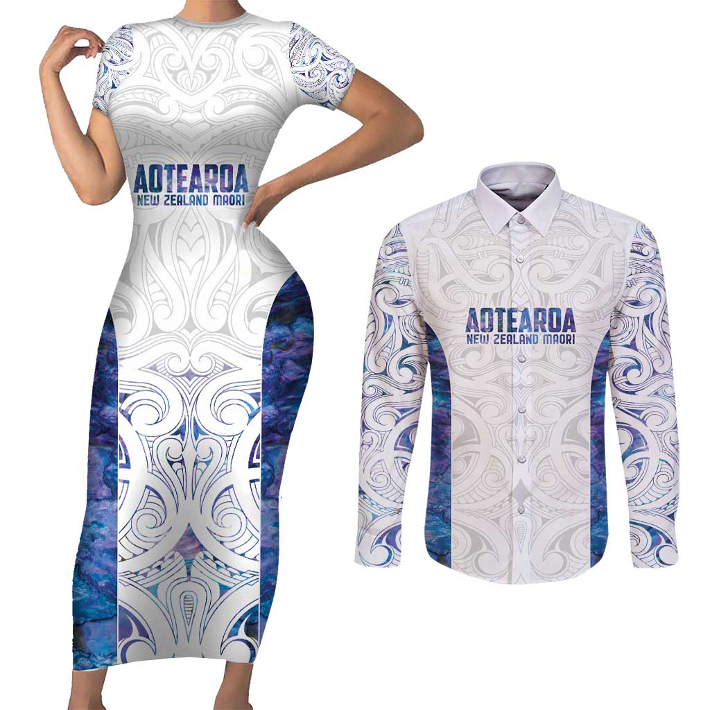 Custom New Zealand Aotearoa Couples Matching Short Sleeve Bodycon Dress and Long Sleeve Button Shirt Purple Maori Paua Shell Indigenous LT9 Purple - Polynesian Pride
