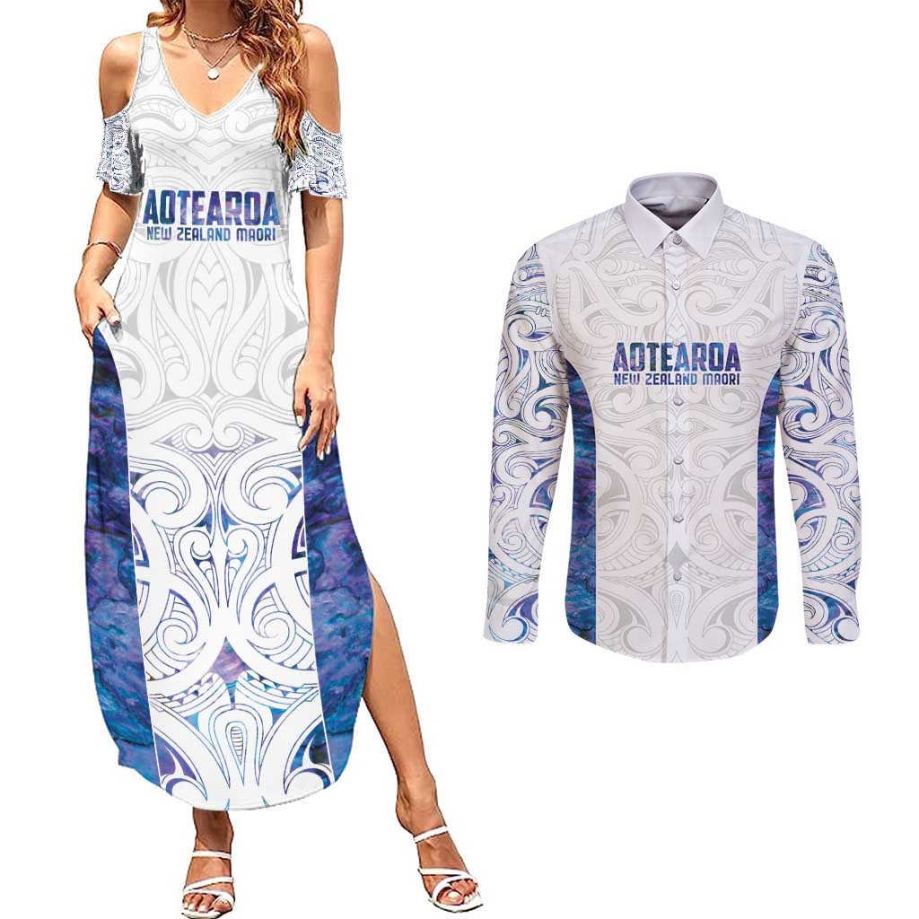 Custom New Zealand Aotearoa Couples Matching Summer Maxi Dress and Long Sleeve Button Shirt Purple Maori Paua Shell Indigenous LT9 Purple - Polynesian Pride