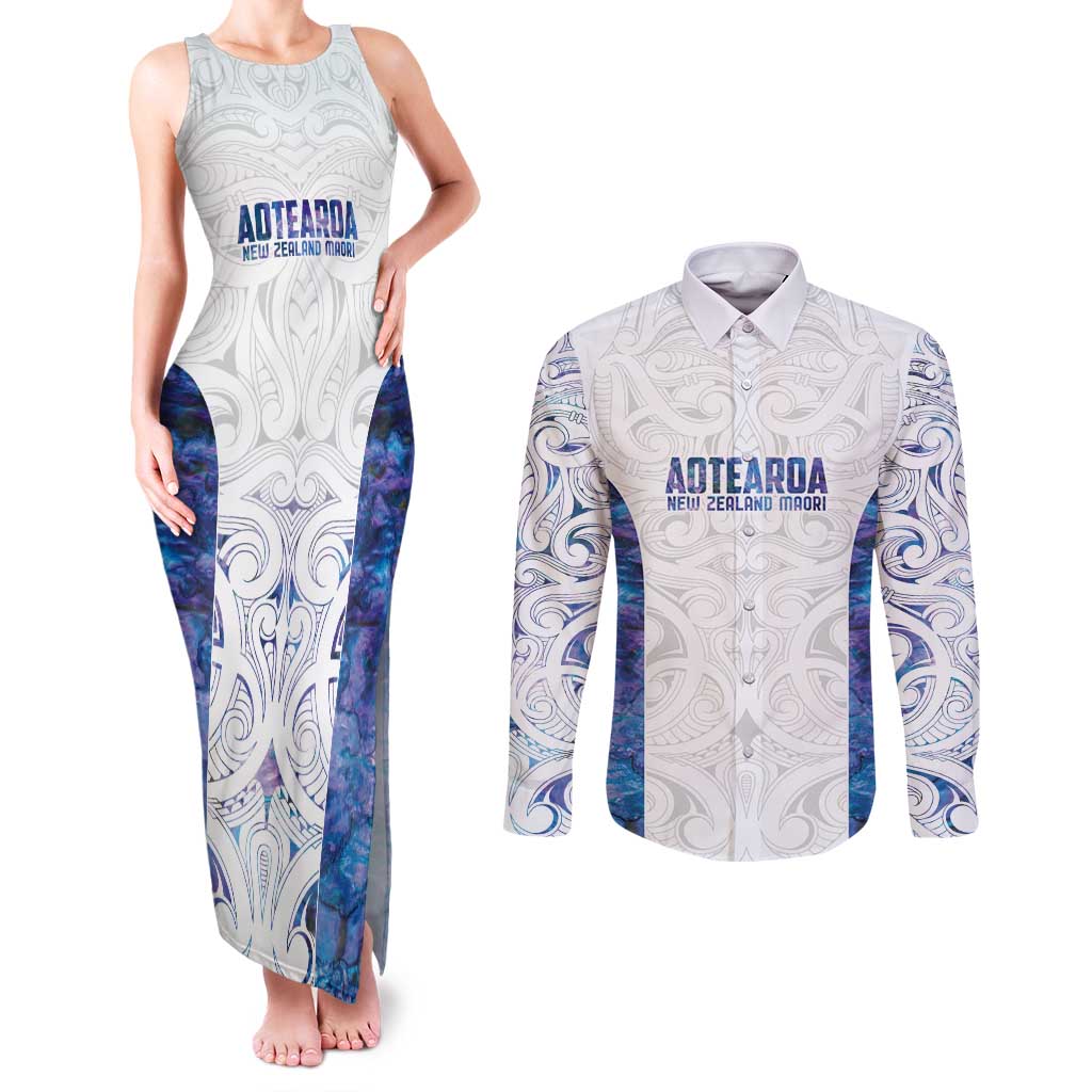 Custom New Zealand Aotearoa Couples Matching Tank Maxi Dress and Long Sleeve Button Shirt Purple Maori Paua Shell Indigenous LT9 Purple - Polynesian Pride