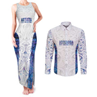 Custom New Zealand Aotearoa Couples Matching Tank Maxi Dress and Long Sleeve Button Shirt Purple Maori Paua Shell Indigenous - Polynesian Pride