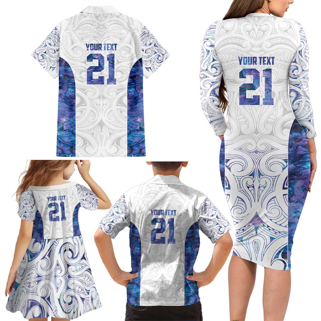 Custom New Zealand Aotearoa Family Matching Long Sleeve Bodycon Dress and Hawaiian Shirt Purple Maori Paua Shell Indigenous - Polynesian Pride
