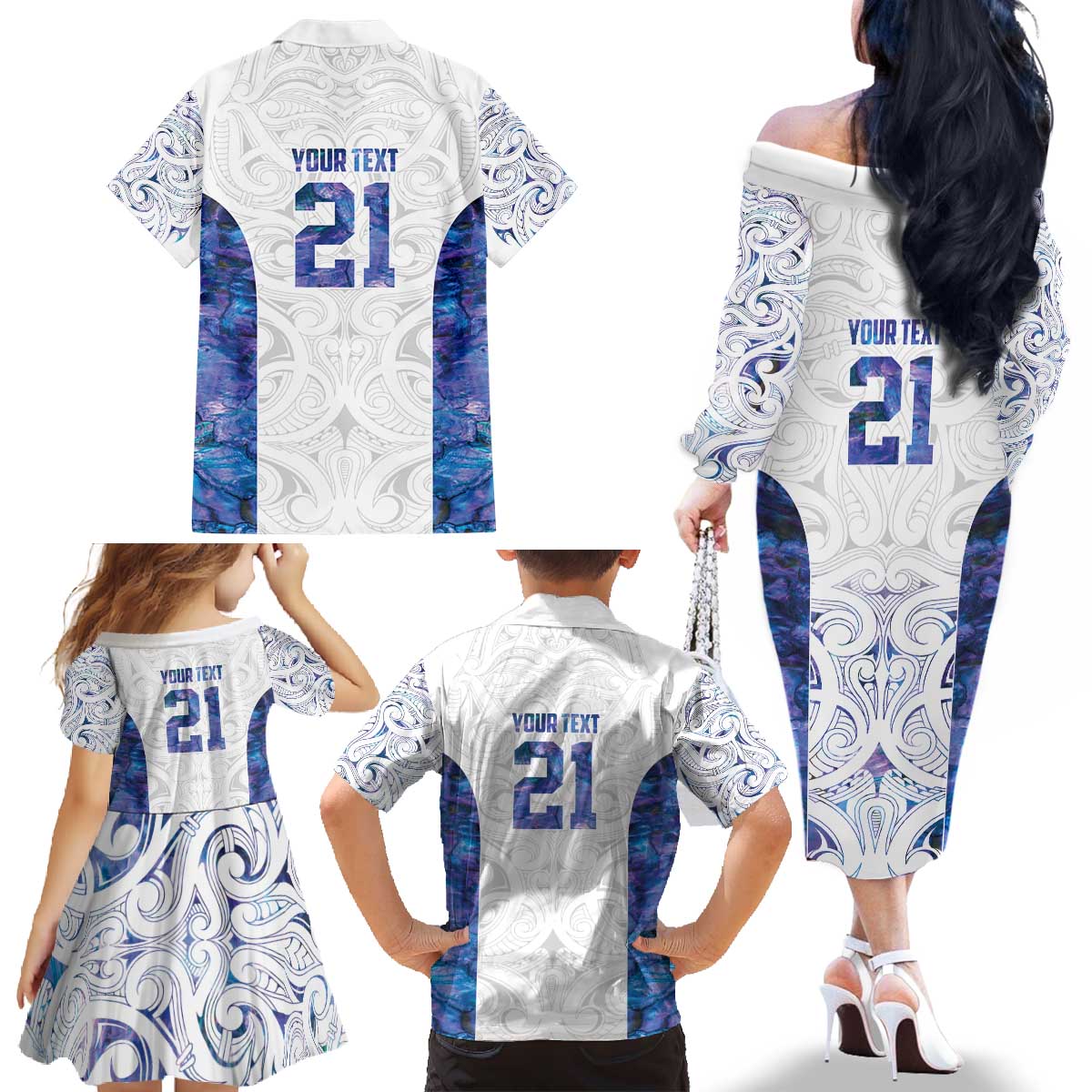 Custom New Zealand Aotearoa Family Matching Off The Shoulder Long Sleeve Dress and Hawaiian Shirt Purple Maori Paua Shell Indigenous - Polynesian Pride