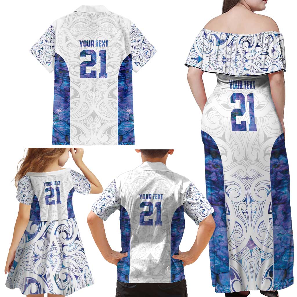 Custom New Zealand Aotearoa Family Matching Off Shoulder Maxi Dress and Hawaiian Shirt Purple Maori Paua Shell Indigenous - Polynesian Pride