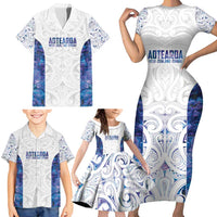 Custom New Zealand Aotearoa Family Matching Short Sleeve Bodycon Dress and Hawaiian Shirt Purple Maori Paua Shell Indigenous - Polynesian Pride