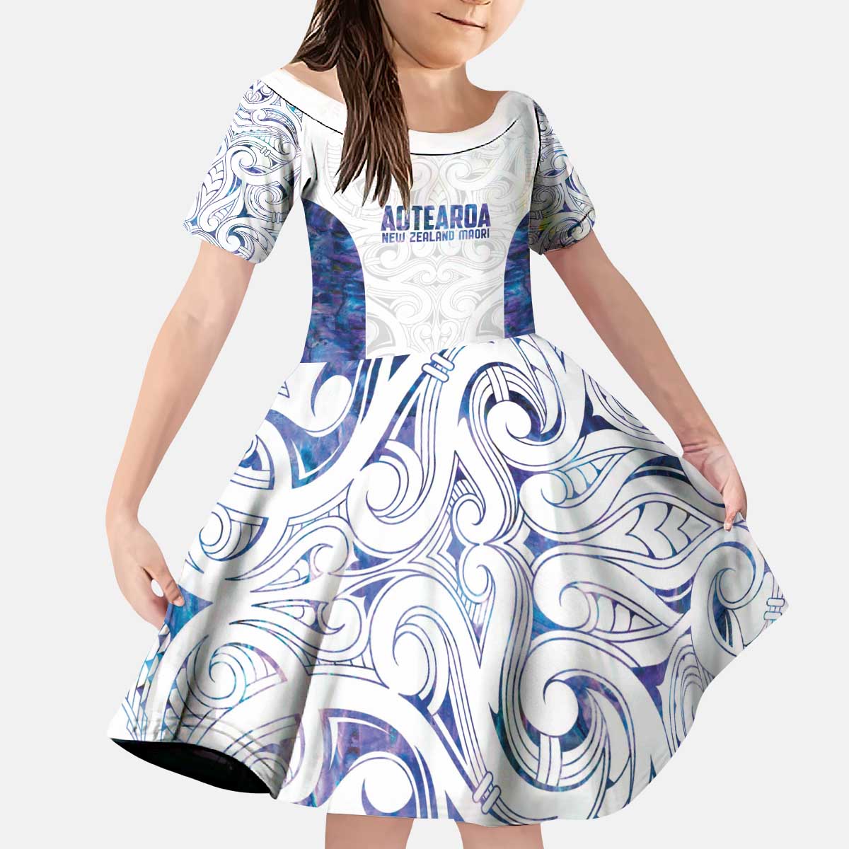Custom New Zealand Aotearoa Kid Short Sleeve Dress Purple Maori Paua Shell Indigenous - Polynesian Pride