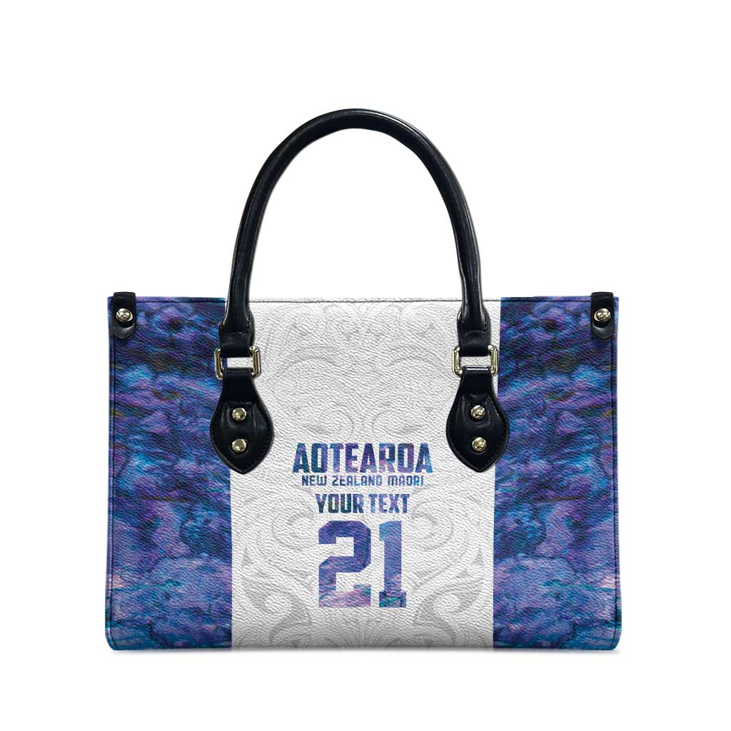 Custom New Zealand Aotearoa Leather Bag Purple Maori Paua Shell Indigenous - Polynesian Pride