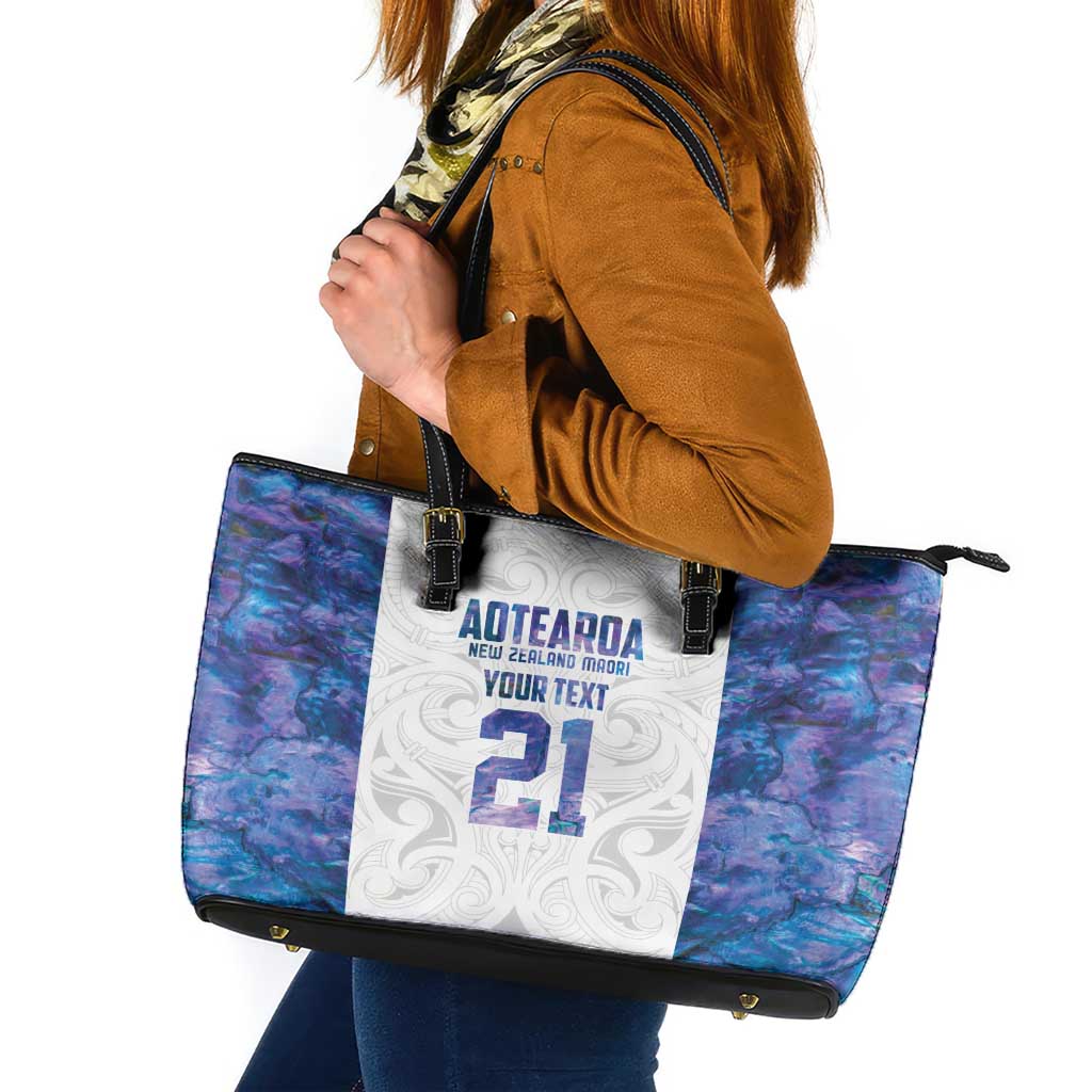Custom New Zealand Aotearoa Leather Tote Bag Purple Maori Paua Shell Indigenous - Polynesian Pride