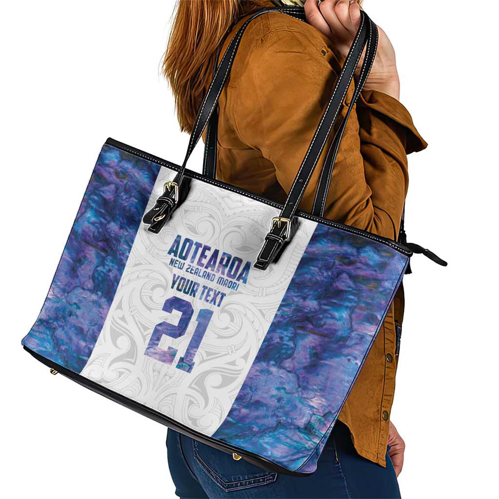 Custom New Zealand Aotearoa Leather Tote Bag Purple Maori Paua Shell Indigenous - Polynesian Pride