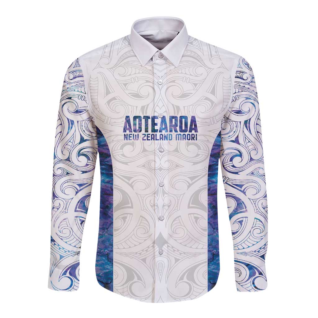 Custom New Zealand Aotearoa Long Sleeve Button Shirt Purple Maori Paua Shell Indigenous LT9 Unisex Purple - Polynesian Pride