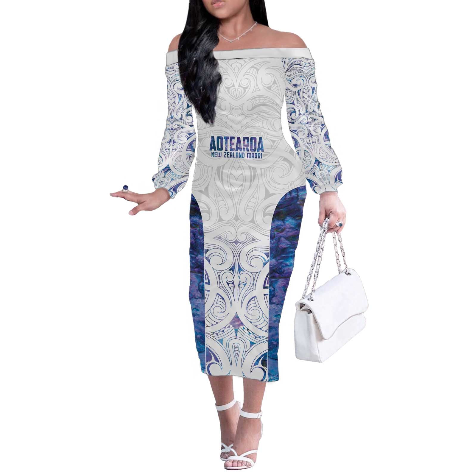 Custom New Zealand Aotearoa Off The Shoulder Long Sleeve Dress Purple Maori Paua Shell Indigenous - Polynesian Pride