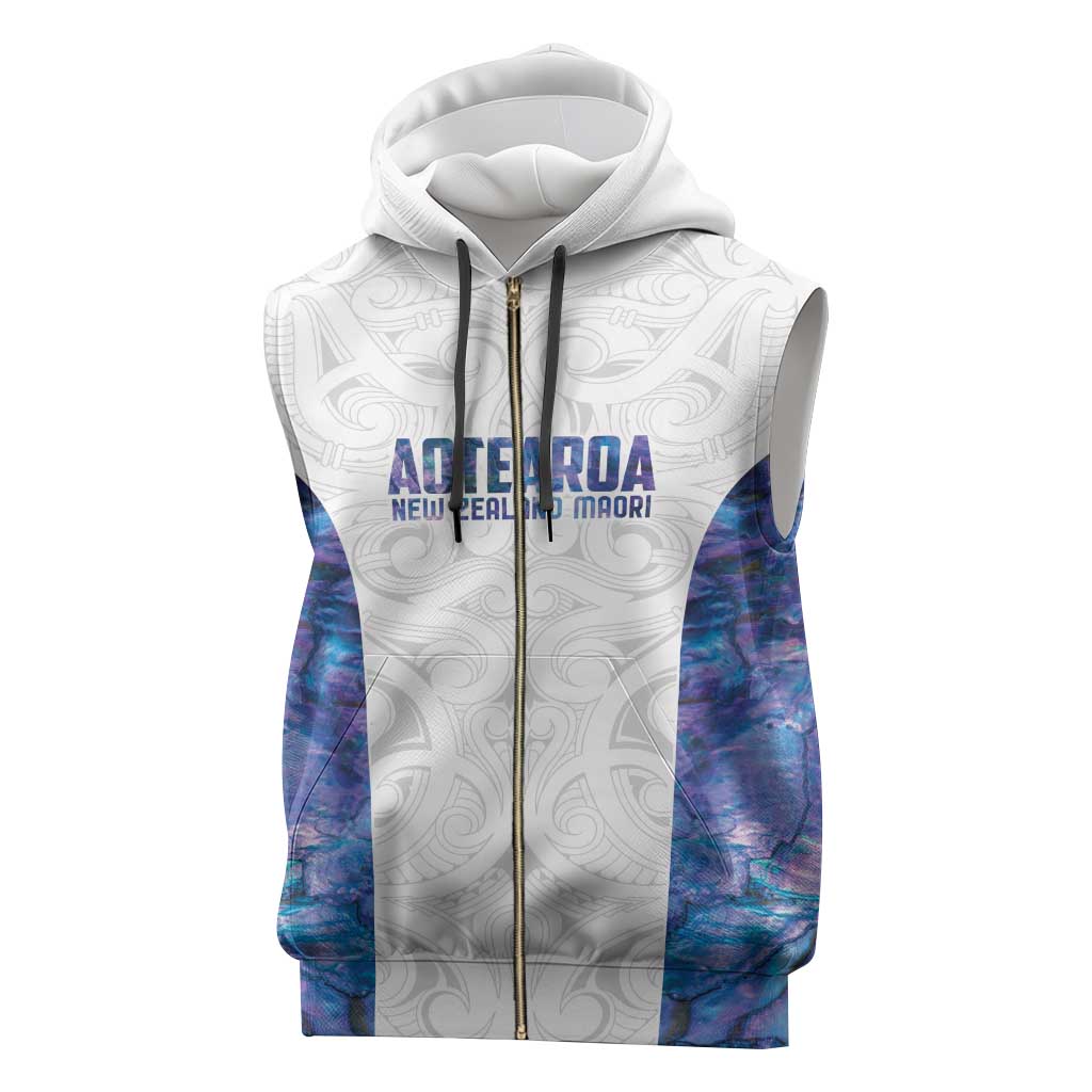 Custom New Zealand Aotearoa Sleeveless Zip Hoodie Purple Maori Paua Shell Indigenous - Polynesian Pride