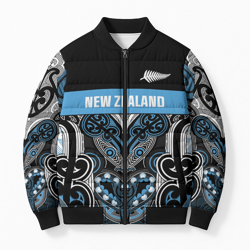 World Cricket Custom New Zealand Bomber Puffer Jacket Kia kaha nga Potae Pango LT9 Unisex Black - Polynesian Pride