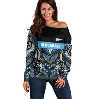 World Cricket Custom New Zealand Off Shoulder Sweater Kia kaha nga Potae Pango LT9 Women Black - Polynesian Pride