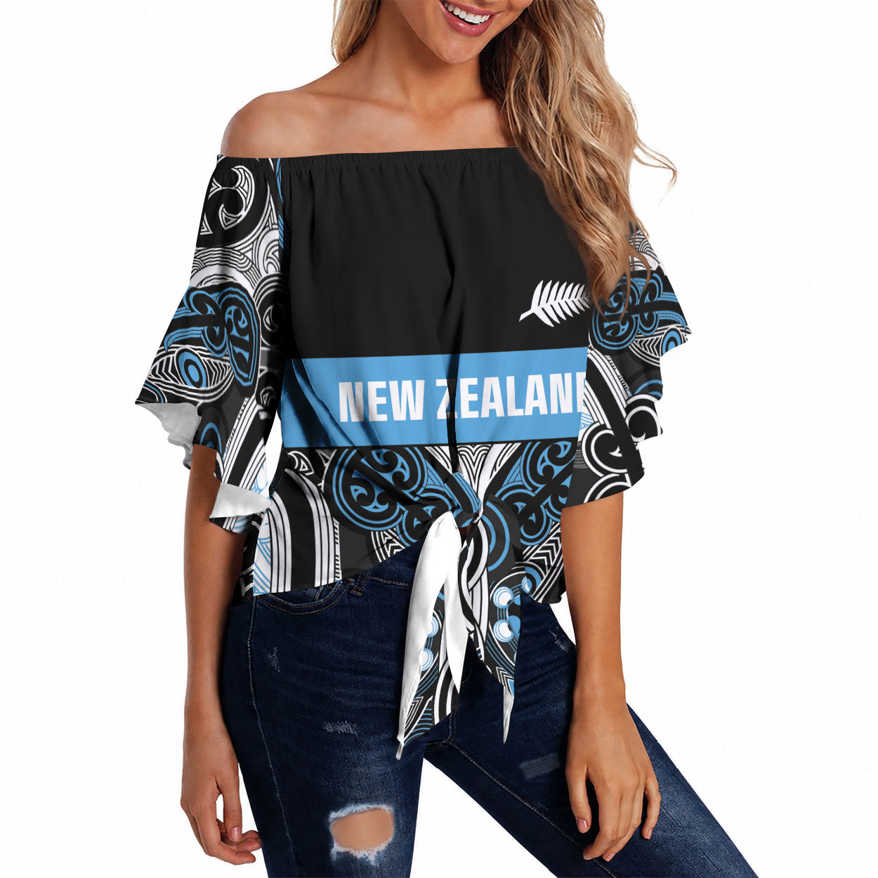 World Cricket Custom New Zealand Off Shoulder Wrap Waist Top Kia kaha nga Potae Pango LT9 Black - Polynesian Pride