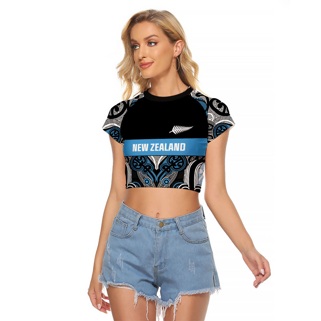 World Cricket Custom New Zealand Raglan Cropped T Shirt Kia kaha nga Potae Pango LT9 Female Black - Polynesian Pride