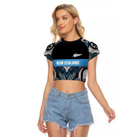 World Cricket Custom New Zealand Raglan Cropped T Shirt Kia kaha nga Potae Pango LT9 Female Black - Polynesian Pride