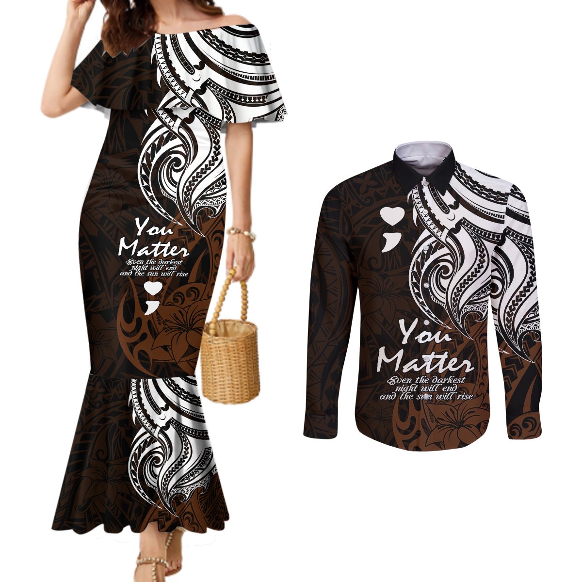 Your Matter Suicide Prevention Couples Matching Mermaid Dress and Long Sleeve Button Shirts Gold Polynesian Tribal LT9 Gold - Polynesian Pride