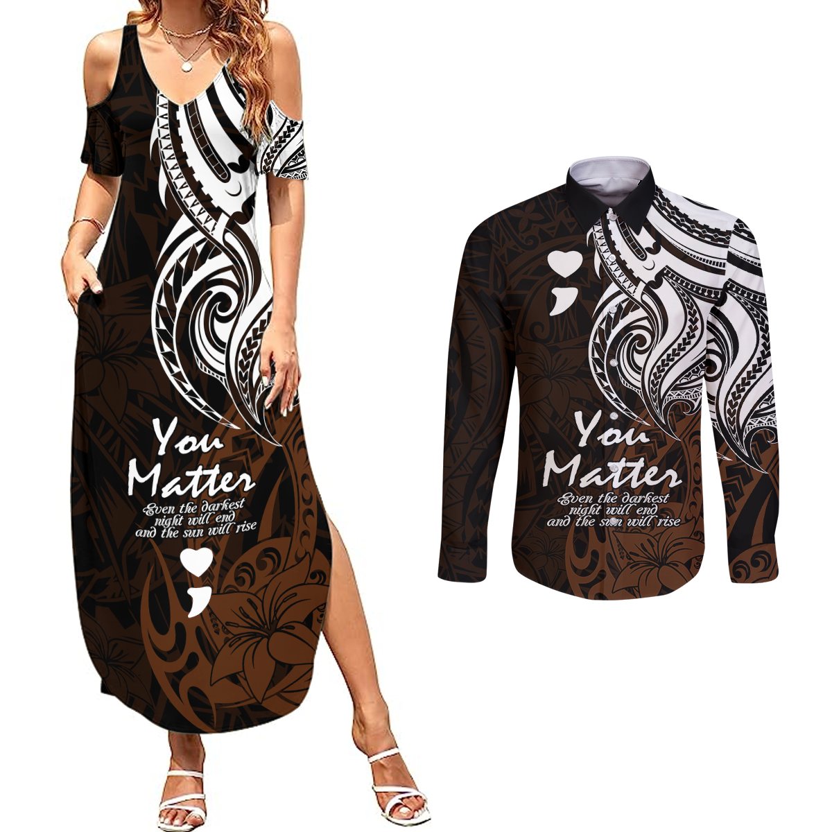 Your Matter Suicide Prevention Couples Matching Summer Maxi Dress and Long Sleeve Button Shirts Gold Polynesian Tribal LT9 Gold - Polynesian Pride