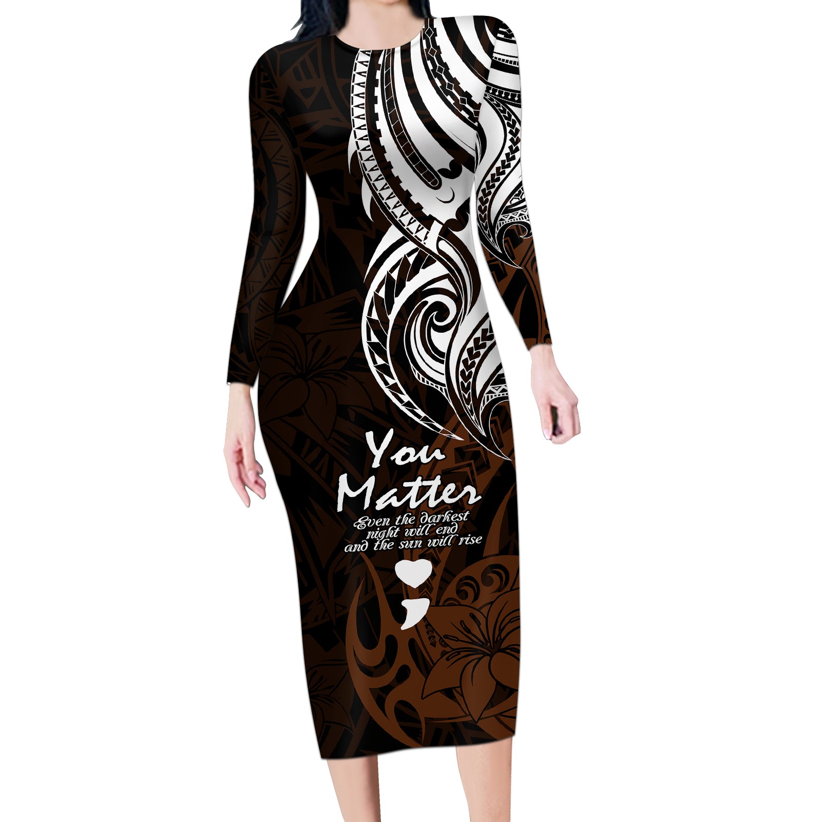 Your Matter Suicide Prevention Long Sleeve Bodycon Dress Gold Polynesian Tribal LT9 Long Dress Gold - Polynesian Pride