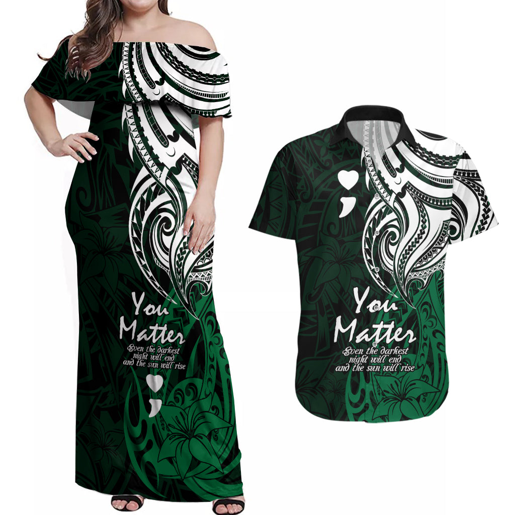 Your Matter Suicide Prevention Couples Matching Off Shoulder Maxi Dress and Hawaiian Shirt Green Polynesian Tribal LT9 Green - Polynesian Pride