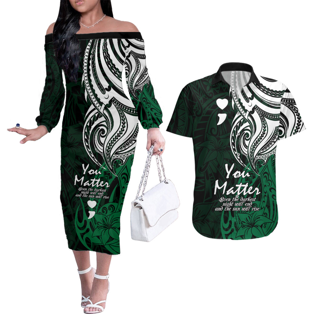 Your Matter Suicide Prevention Couples Matching Off The Shoulder Long Sleeve Dress and Hawaiian Shirt Green Polynesian Tribal LT9 Green - Polynesian Pride