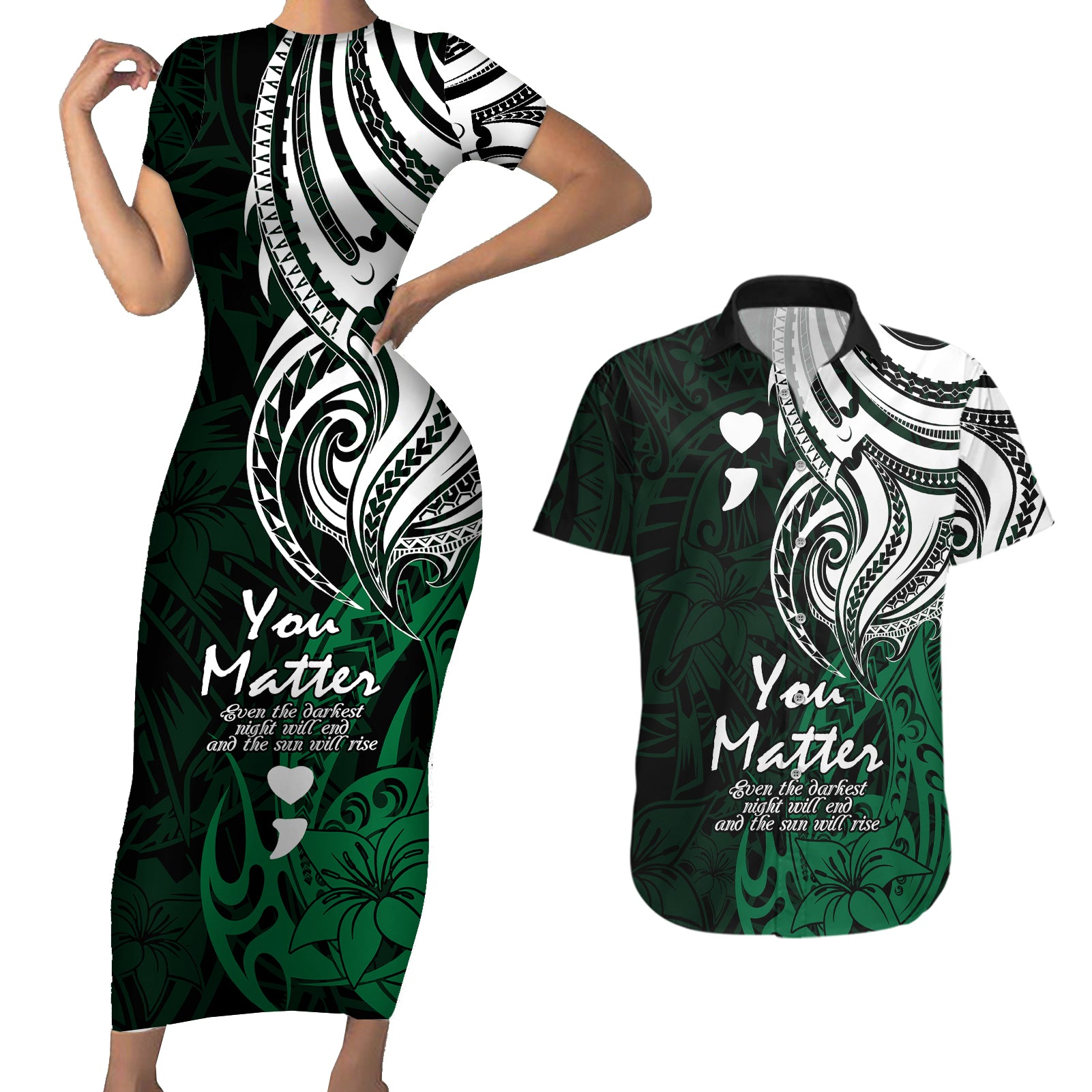 Your Matter Suicide Prevention Couples Matching Short Sleeve Bodycon Dress and Hawaiian Shirt Green Polynesian Tribal LT9 Green - Polynesian Pride