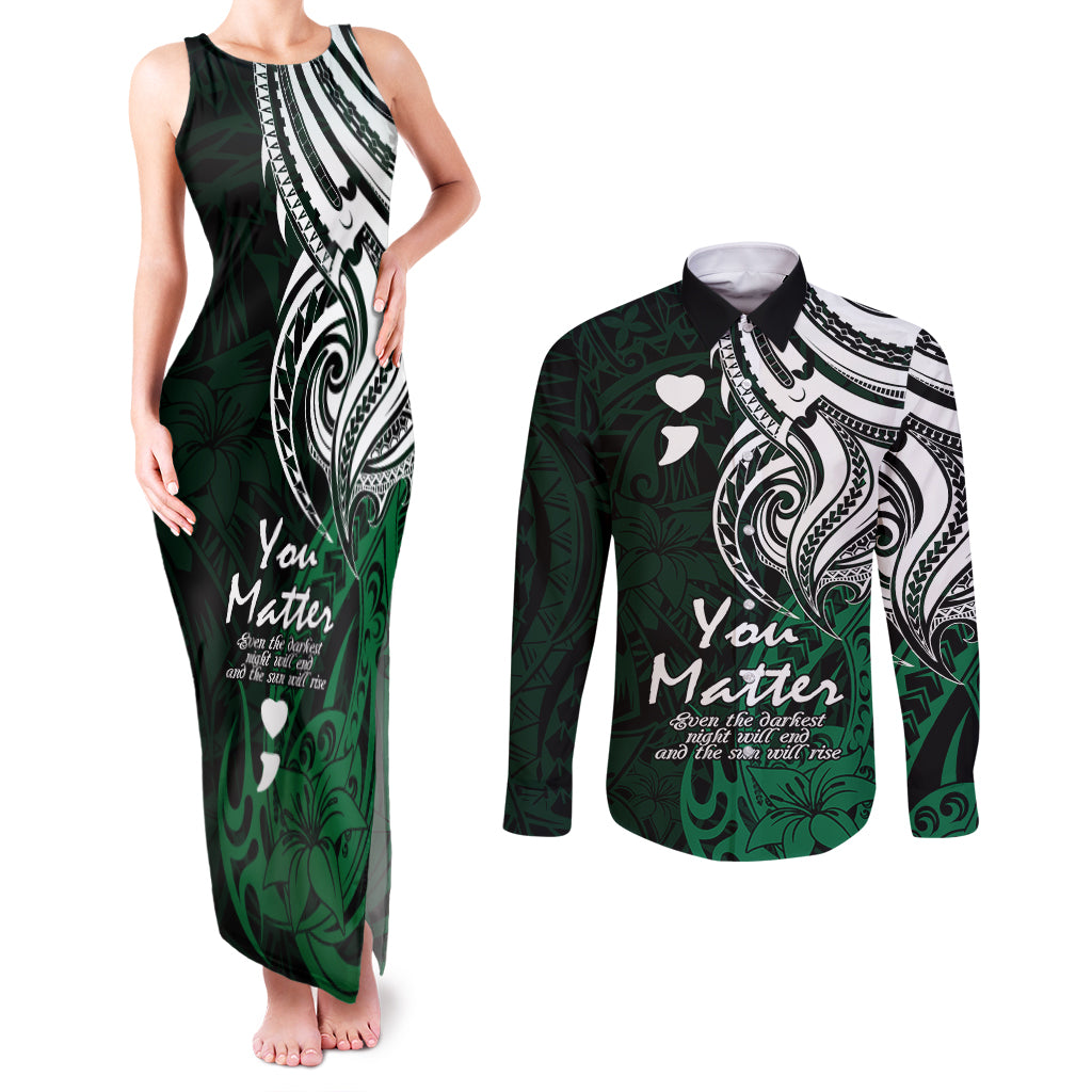 Your Matter Suicide Prevention Couples Matching Tank Maxi Dress and Long Sleeve Button Shirts Green Polynesian Tribal LT9 Green - Polynesian Pride