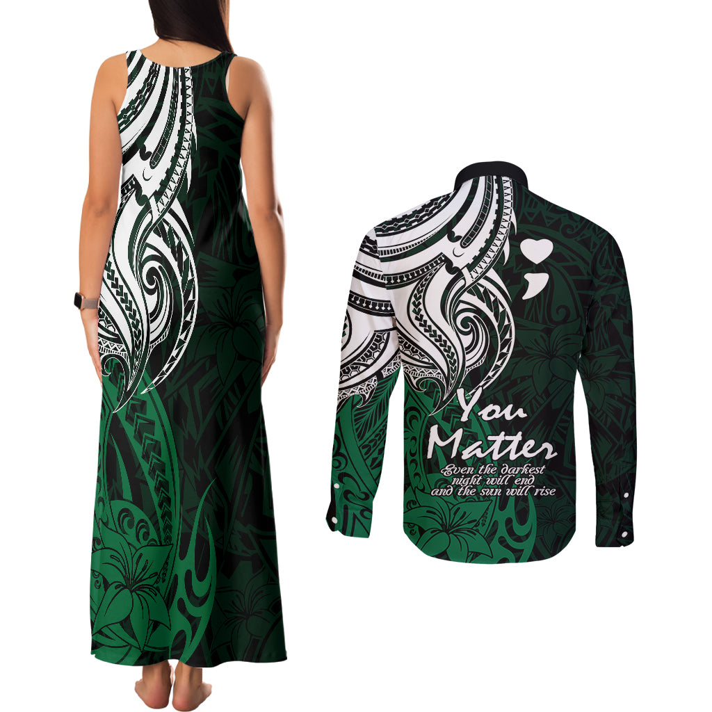 Your Matter Suicide Prevention Couples Matching Tank Maxi Dress and Long Sleeve Button Shirts Green Polynesian Tribal LT9 - Polynesian Pride