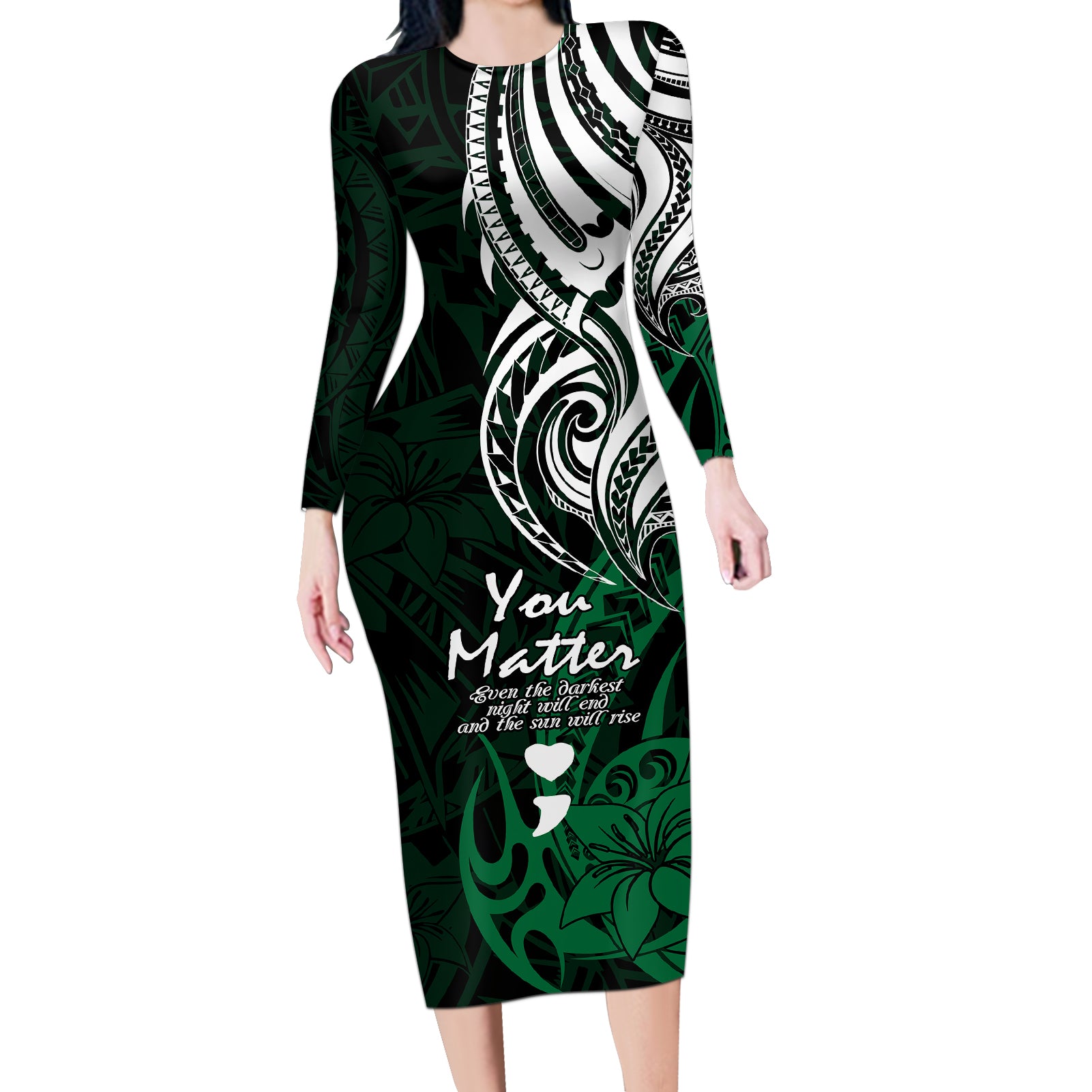 Your Matter Suicide Prevention Long Sleeve Bodycon Dress Green Polynesian Tribal LT9 Long Dress Green - Polynesian Pride