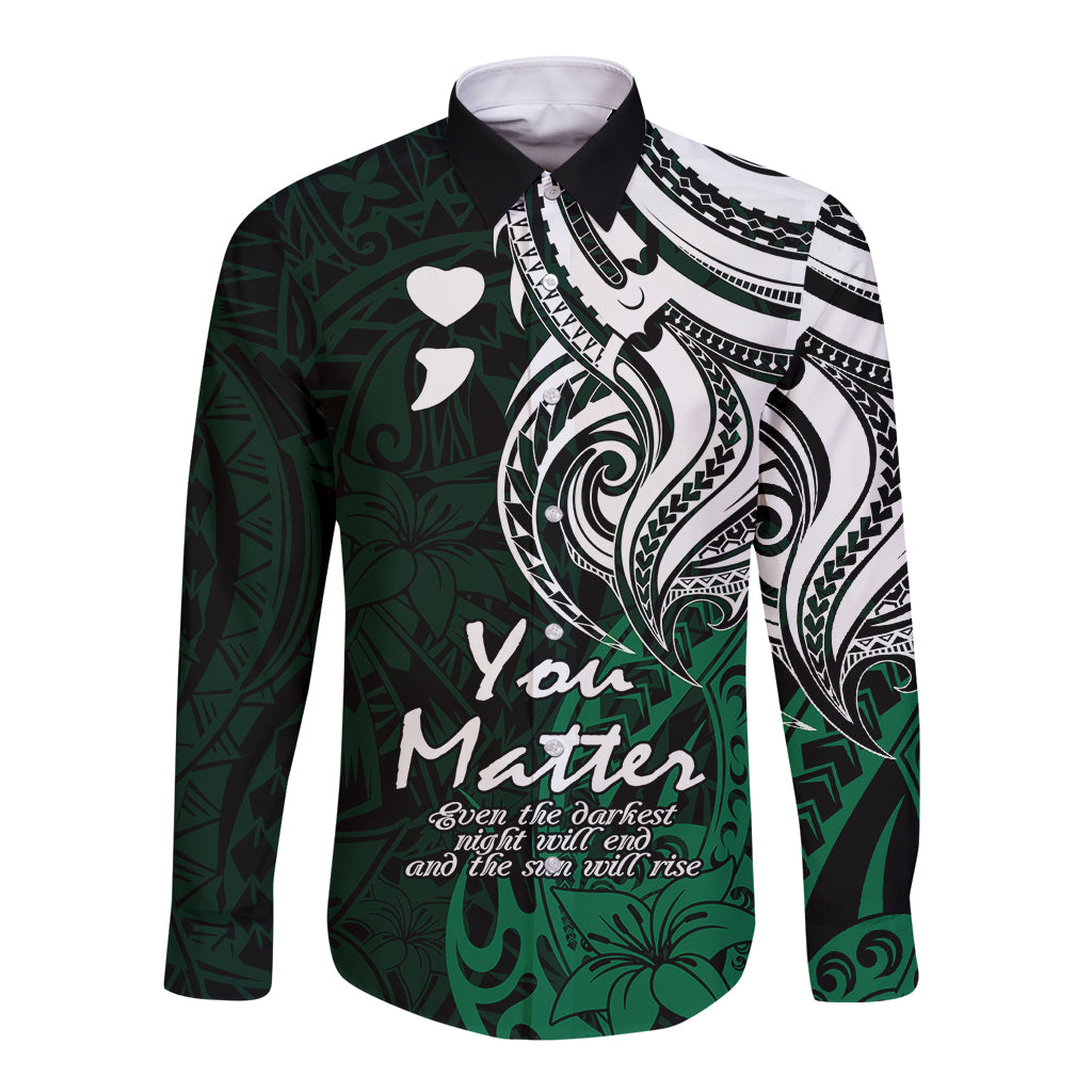 Your Matter Suicide Prevention Long Sleeve Button Shirt Green Polynesian Tribal LT9 Unisex Green - Polynesian Pride